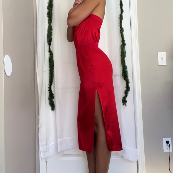 SOLD โ Lux Vintage Fire Engine Red Satin Strapless Midi Evening Cocktail Dress - Picture 5 of 6